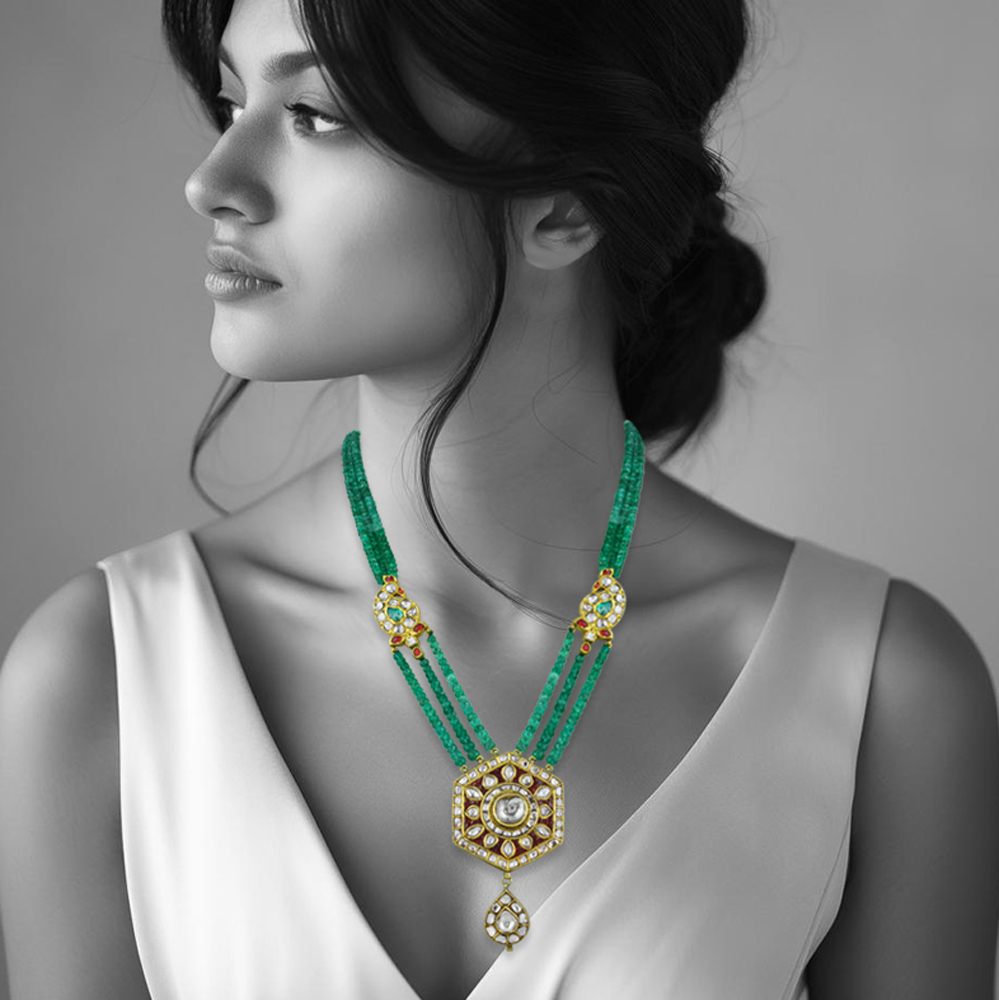 Triple-Strand Emerald Necklace with Red Stone, and Polki